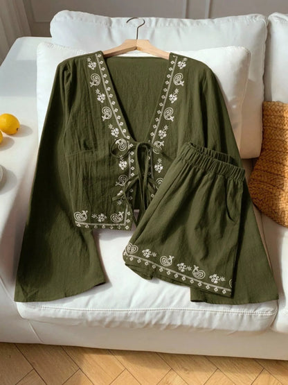 Women's Embroidered Tie Front Top and Shorts Set - Matching Sets