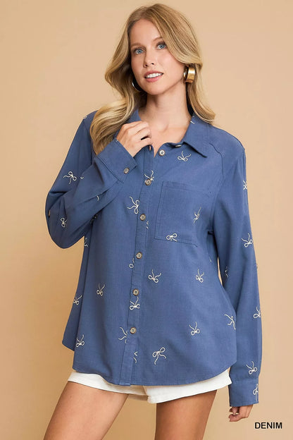 DENIM Ribbon Linen Blend Button Up Shirt in Denim | Trendy Shirts Outfit Idea for Women by Ro + Ivy | Elevated Basics, Modern Comfort & Style
