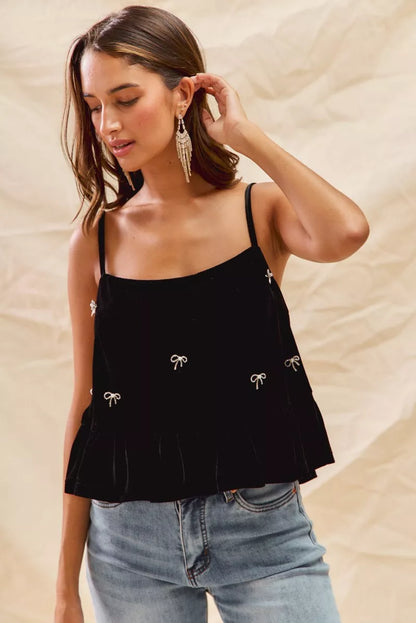 Rhinestone Ribbon Velvet Blend Spaghetti Strap Top | Trendy Tops Outfit Idea for Women by Ro + Ivy | Elevated Basics, Modern Comfort & Style