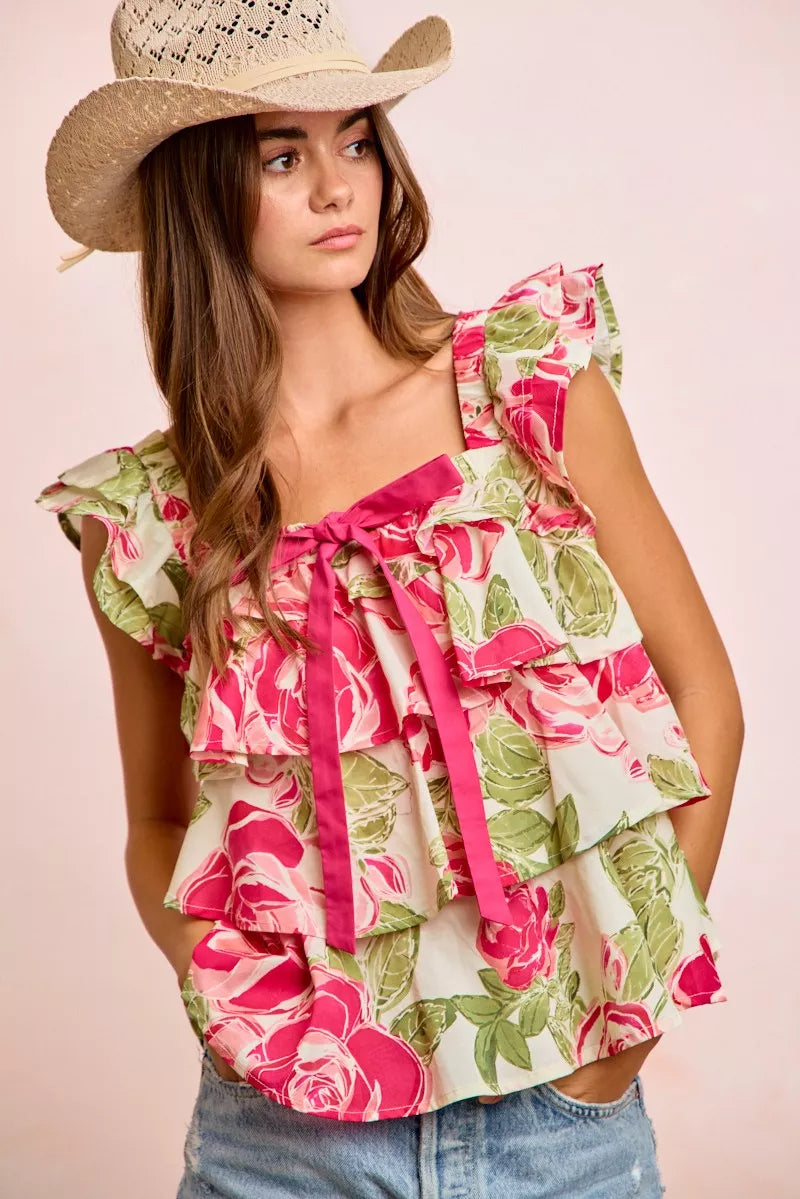 Floral Print Woven Bow Tie Ruffle Square Neck Top — Romantic Charming Feminine Everyday Style - Blouses