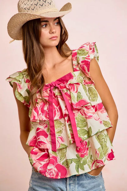 Floral Print Woven Bow Tie Ruffle Square Neck Top — Romantic Charming Feminine Everyday Style - Blouses