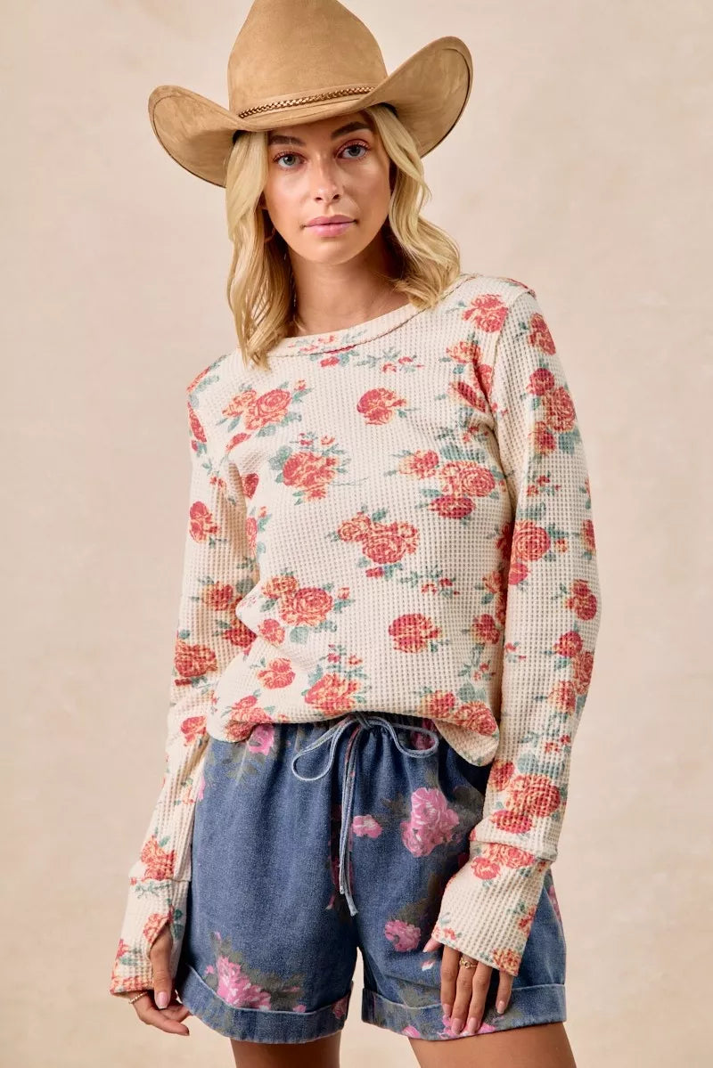Oatmeal Washed Floral Long Sleeve Waffle Thermal Top with Sleeve Thumb Hole | Trendy Tops Outfit Idea for Women by Ro + Ivy | Elevated Basics, Modern Comfort & Style