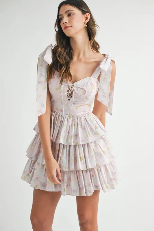Floral Print Shoulder Tie Layered Mini Dress in Off White – outfit idea for women | Ro + Ivy