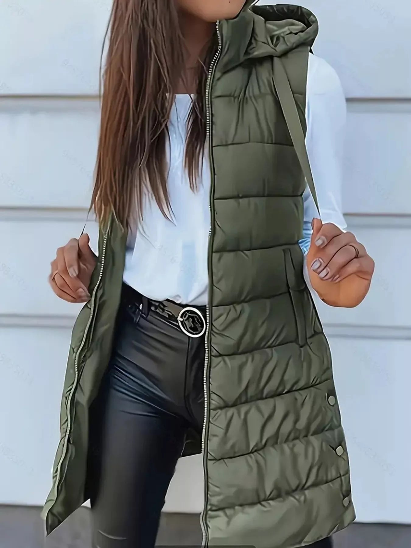 Zip Up Longline Hooded Puffer Vest Army Green