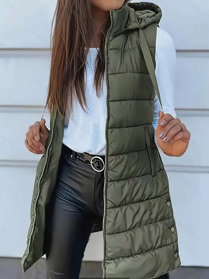 Zip Up Longline Hooded Puffer Vest Army Green