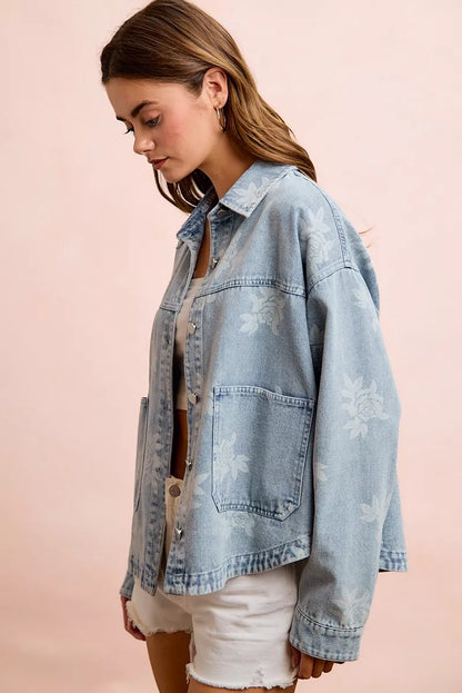 Women's Printed Washed Denim Jacket with Pocket - Jackets