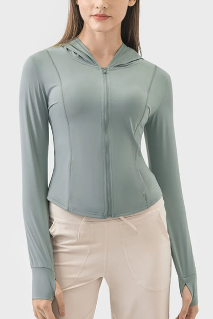 Hooded Zip Up Long Sleeve Activewear Jacket Teal