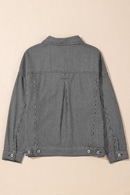 Striped Washed Denim Chest Pocket Oversized Vintage Jacket — Laid-Back Casual Style - Outerwear/Denim jackets