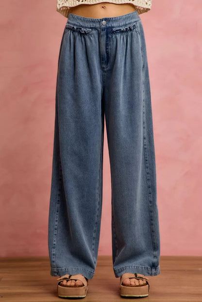 Women's Ruffle Front Mid Rise Wide Leg Jeans - DENIM Jeans