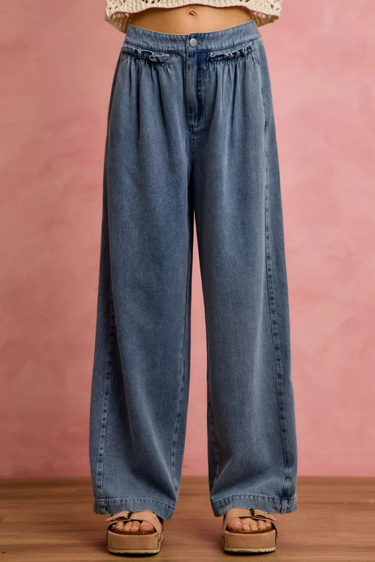 Women's Ruffle Front Mid Rise Wide Leg Jeans DENIM