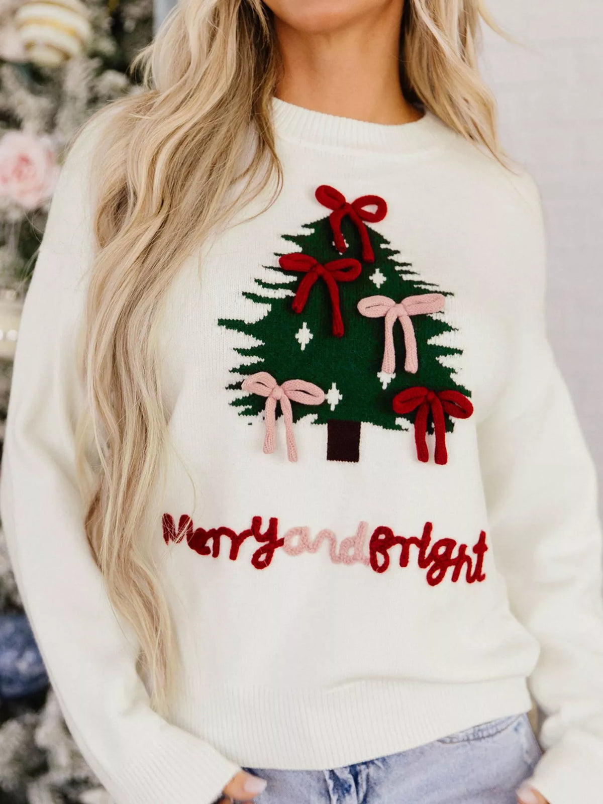 Christmas Tree Bow Drop-Shoulder Knit Sweater