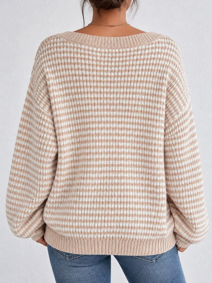 Oversized Striped Ribbed Knit Sweater with Boat Neck