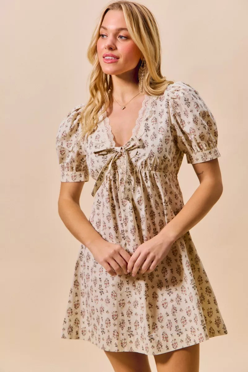 Floral Print Lace Trim Short Sleeves Mini Dress | Trendy Mini Dresses Outfit Idea for Women by Ro + Ivy | Elevated Basics, Modern Comfort & Style