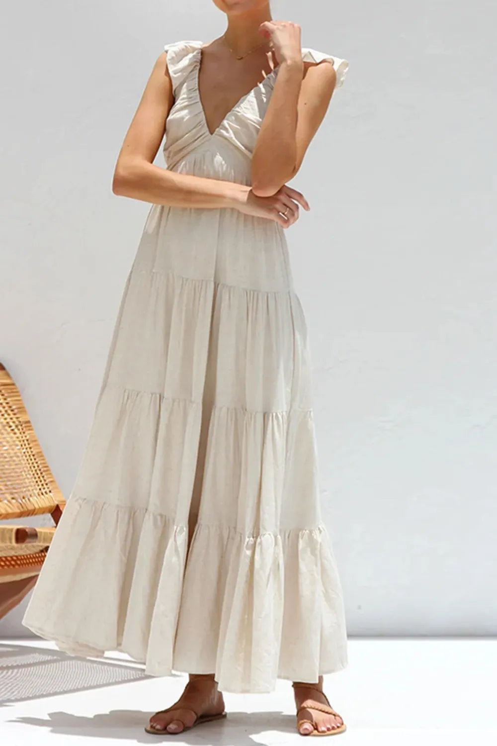 Women's Ruffled V-Neck Tiered Maxi Dress - Maxi Dresses