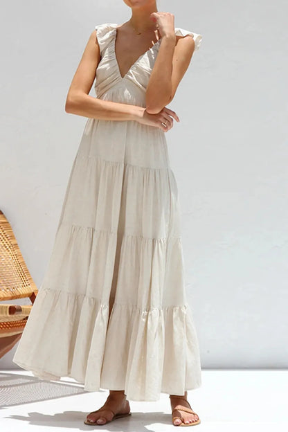 Women's Ruffled V-Neck Tiered Maxi Dress - Maxi Dresses