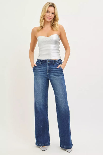 High Rise Wide Leg Jeans with Slanted Pockets - Jeans