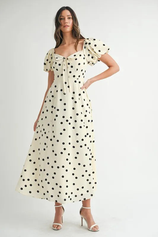 Ka Dot Puff Sleeve Midi Dress – outfit idea for women | Ro + Ivy
