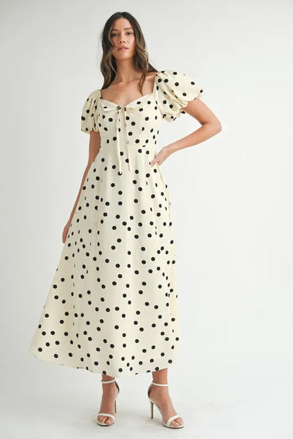 Ka Dot Puff Sleeve Midi Dress – outfit idea for women | Ro + Ivy