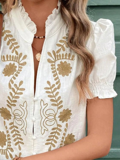 Embroidered Frill Notched Short Puff Sleeve Blouse - Blouses