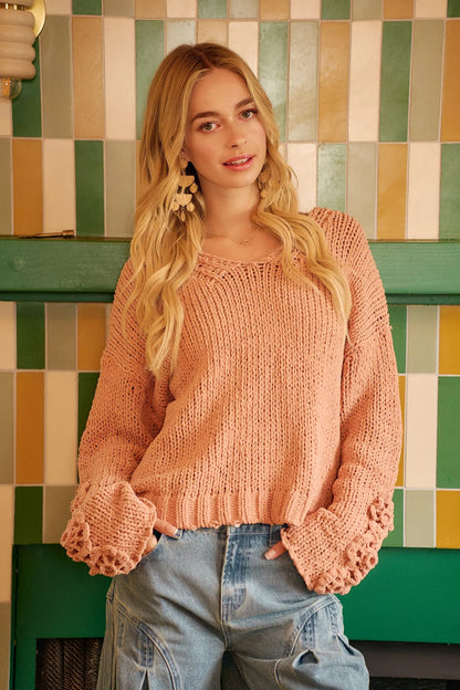 Knit V Neck Sweater with Flower Detailed Sleeves | Trendy Sweaters Outfit Idea for Women by Ro + Ivy | Elevated Basics, Modern Comfort & Style