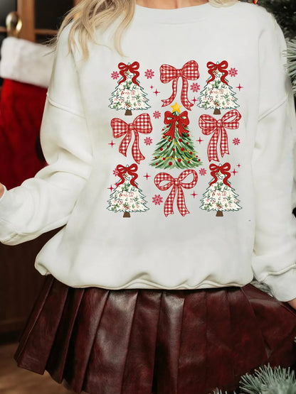 Christmas Tree Ribbon Bow Print Drop-Shoulder Sweatshirt