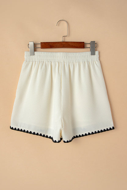 Contrast Ricrac Hem Waffle Textured Casual Shorts — Unique Relaxed Summer Style - Bottoms/Casual Shorts