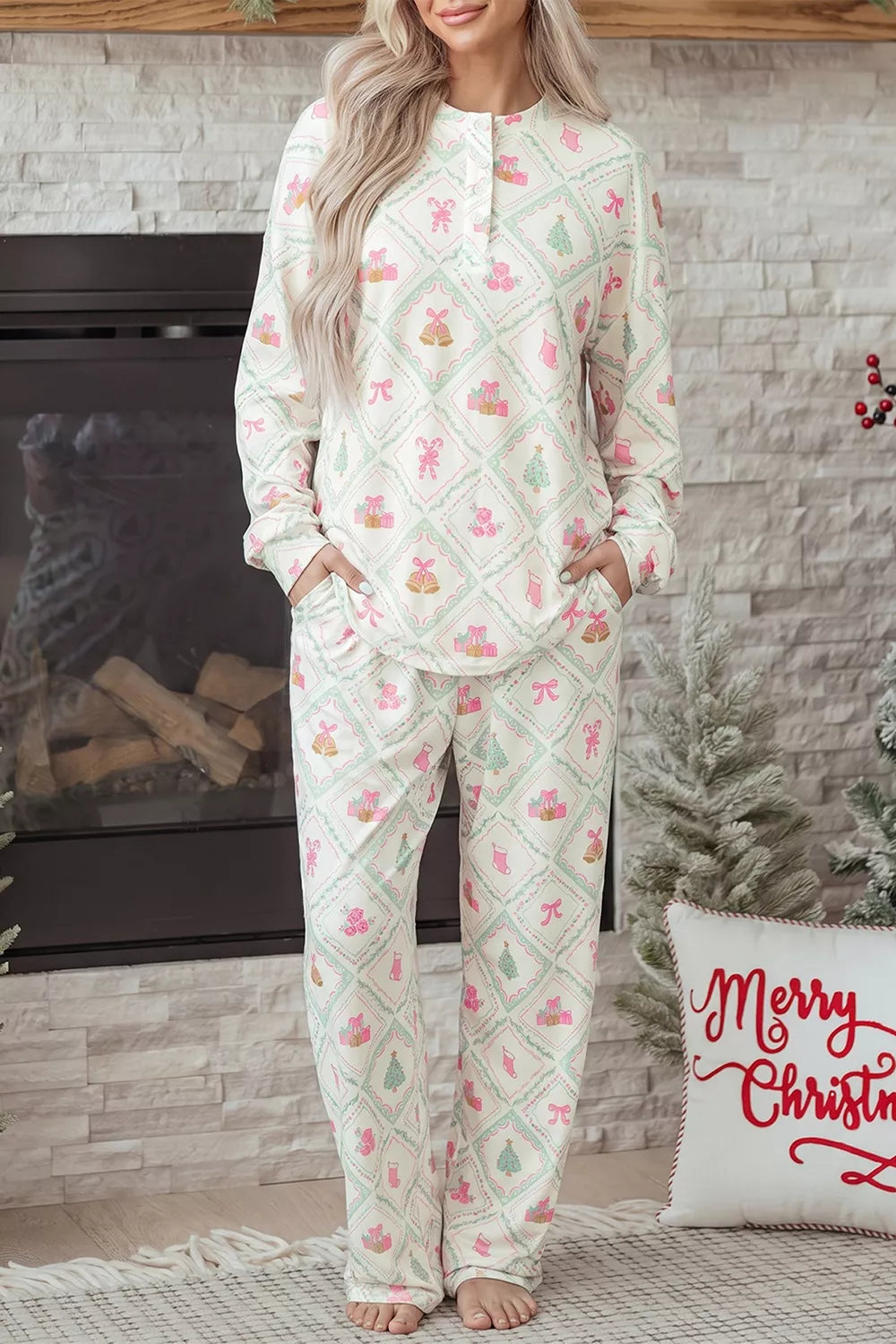 Christmas Patchwork Lounge Set with Button-Front Long-Sleeve Top and Drawstring Pants