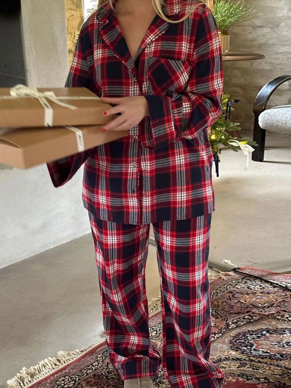 Plaid Two-Piece Lounge Set with Collared Button-Up Top and Matching Pants Burgundy