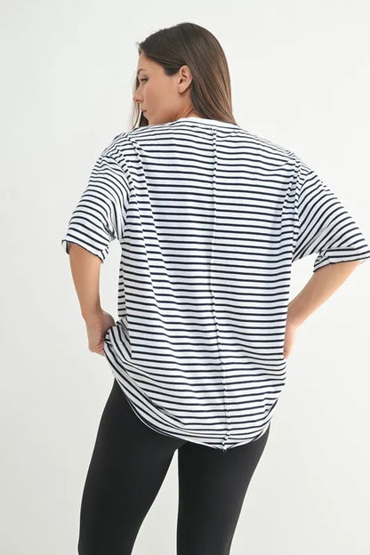 100% Cotton Coastal Striped Oversized Crewneck T-Shirt - T-Shirts