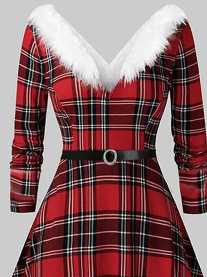 Long-Sleeve Christmas Dress with Fuzzy Trim
