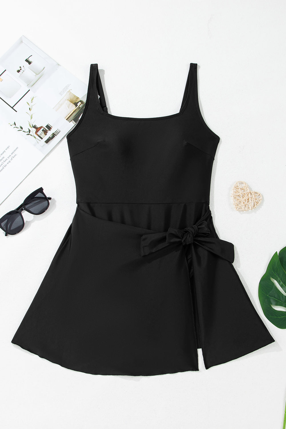 Solid Wrap Tie Waist Square Neck A-Line Swim Dress — Slimming Silhouette Elegant Beach Style - Swimwear