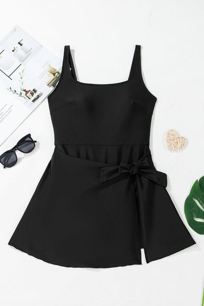 Solid Wrap Tie Waist Square Neck A-Line Swim Dress — Slimming Silhouette Elegant Beach Style - Swimwear