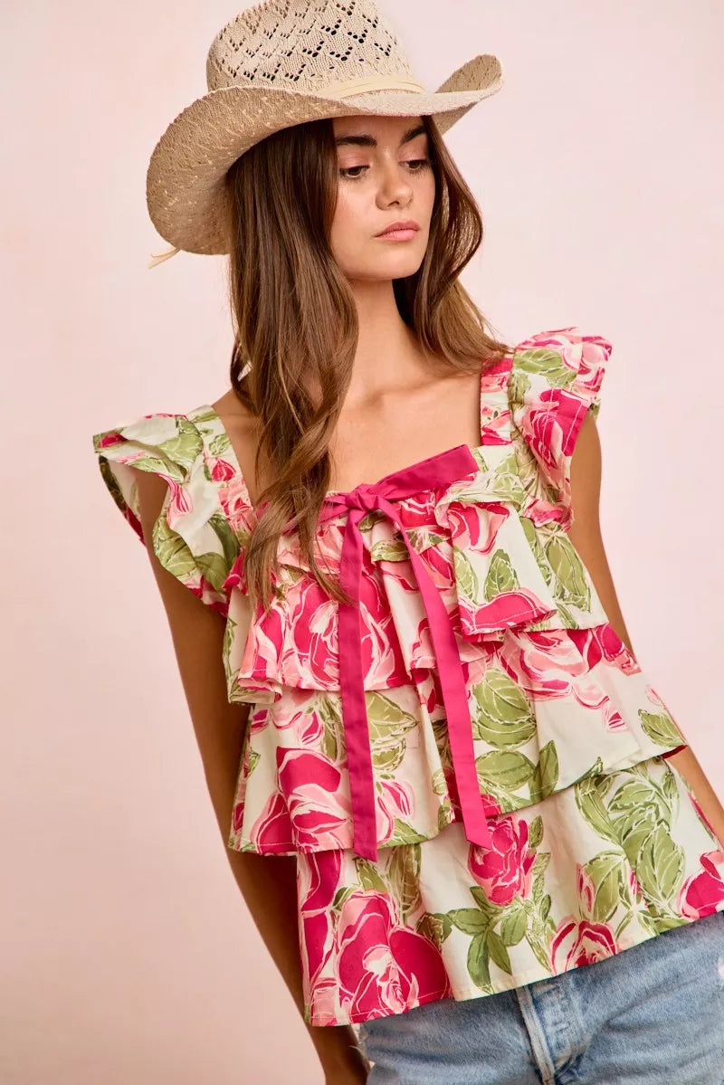 Floral Print Woven Bow Tie Ruffle Square Neck Top — Romantic Charming Feminine Everyday Style - Blouses