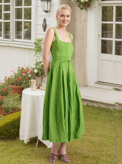 Women's Flowy Square Neck Sleeveless Midi Swing Dress - Midi Dresses