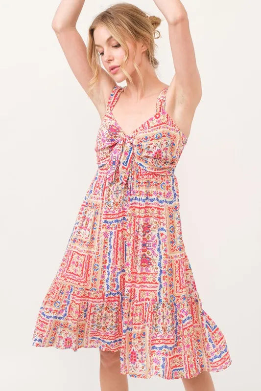 Tied Front Smocked Back Tiered Boho Mini Dress – outfit idea for women | Ro + Ivy