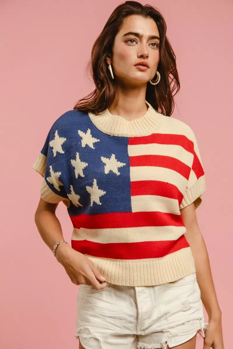 Star Patches American Flag Sleeveless Knit Sweater — Patriotic Festive Cozy Statement Style - Sweaters