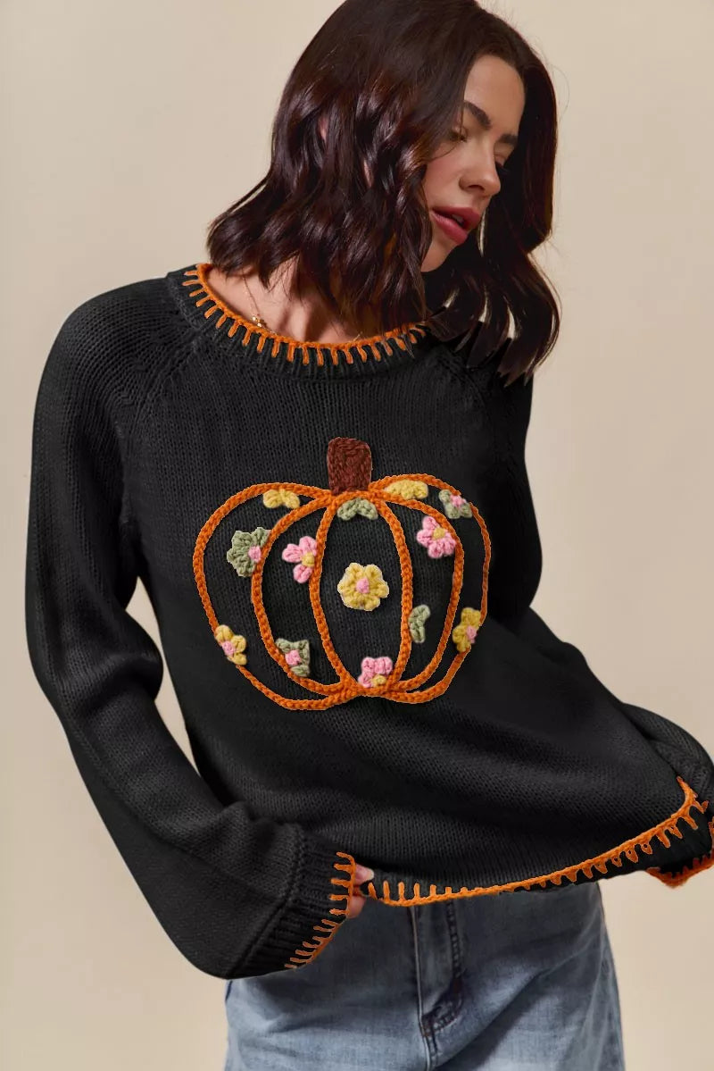Fall Floral Embroidered Pumpkin Sweater BLACK