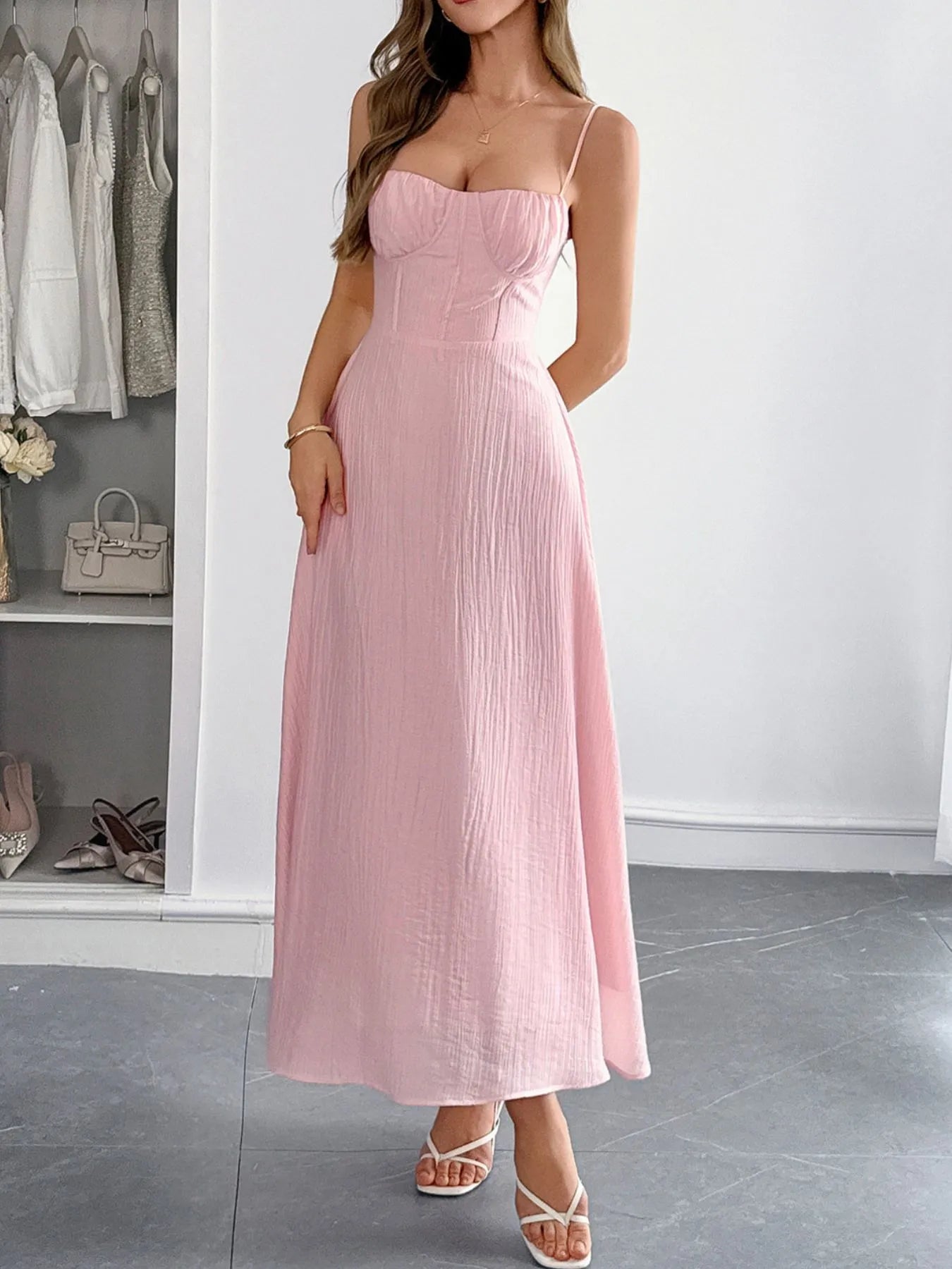 Texture Sweetheart Neck Backless Spaghetti Strap Maxi Dress - Maxi Dresses