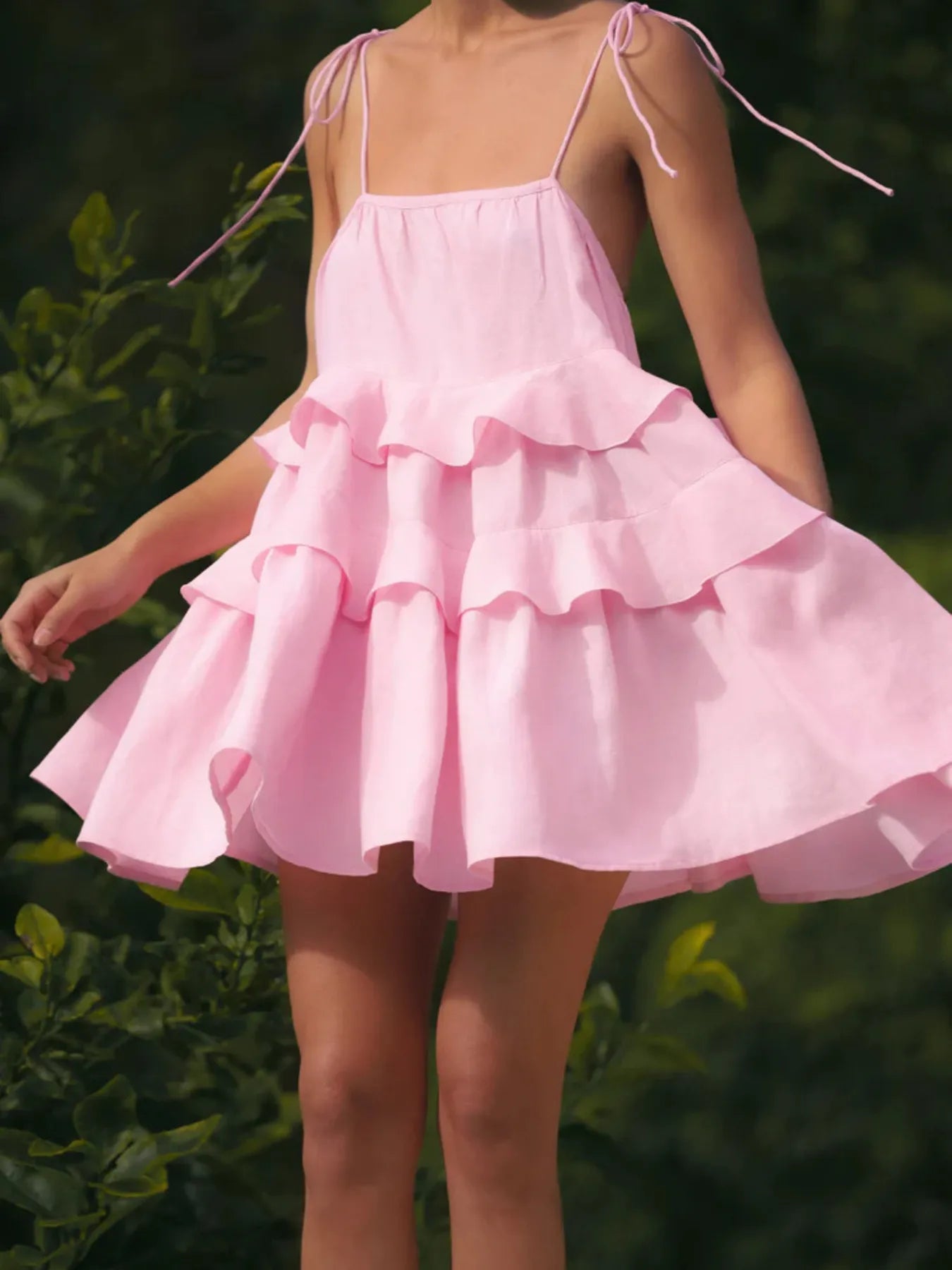 Women's Ruffle Layered Tie Shoulder Cami Mini Dress - Pink Mini Dresses