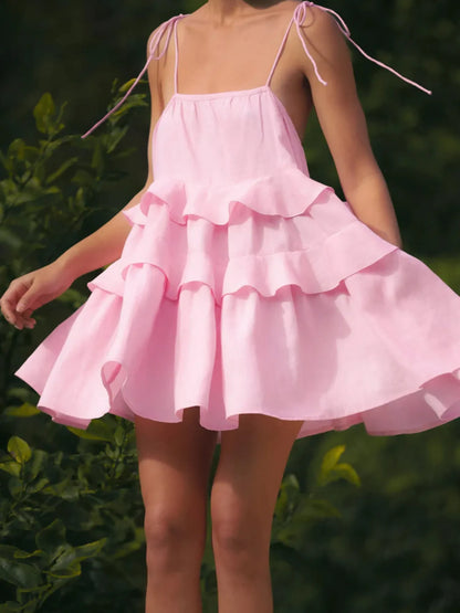 Women's Ruffle Layered Tie Shoulder Cami Mini Dress - Pink Mini Dresses