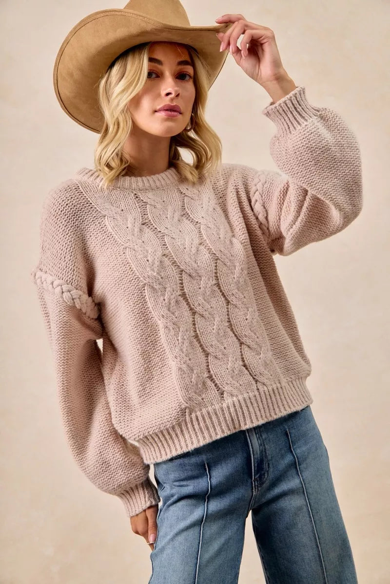 Cable Knit Crewneck Sweater with Braided Detail | Trendy Sweaters Outfit Idea for Women by Ro + Ivy | Elevated Basics, Modern Comfort & Style