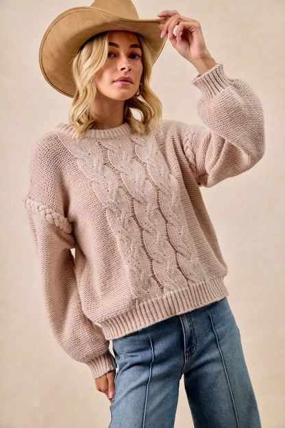 Cable Knit Crewneck Sweater with Braided Detail | Trendy Sweaters Outfit Idea for Women by Ro + Ivy | Elevated Basics, Modern Comfort & Style