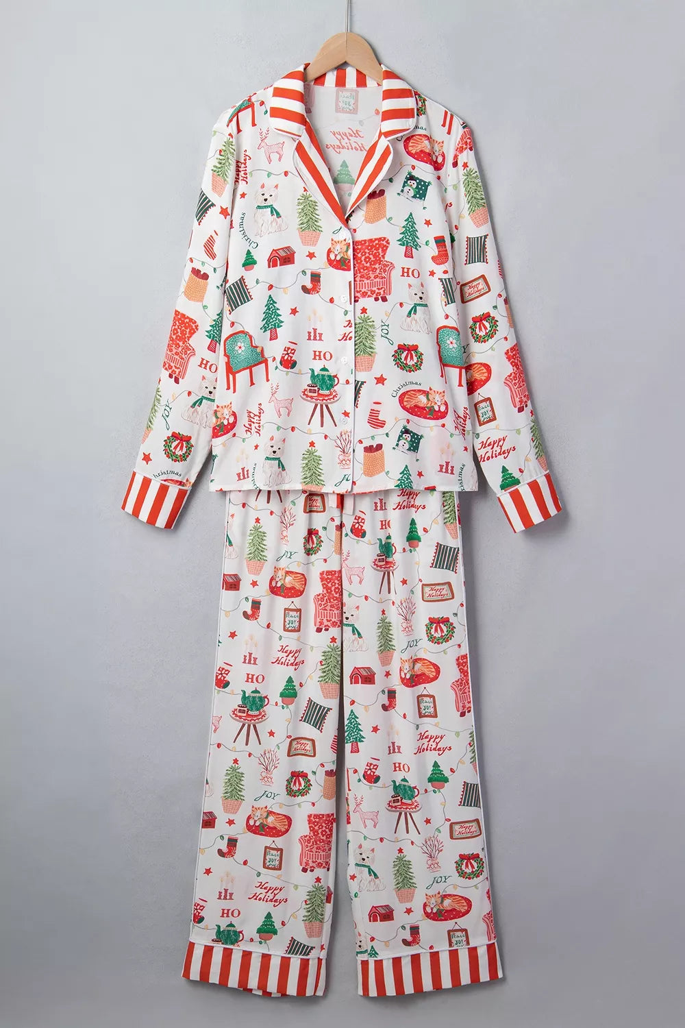 Striped Holiday Two-Piece Lounge Set with Button-Front Top and Matching Pants