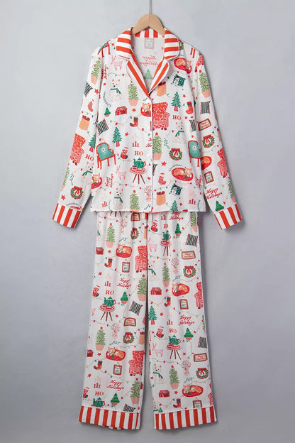 Striped Holiday Two-Piece Lounge Set with Button-Front Top and Matching Pants