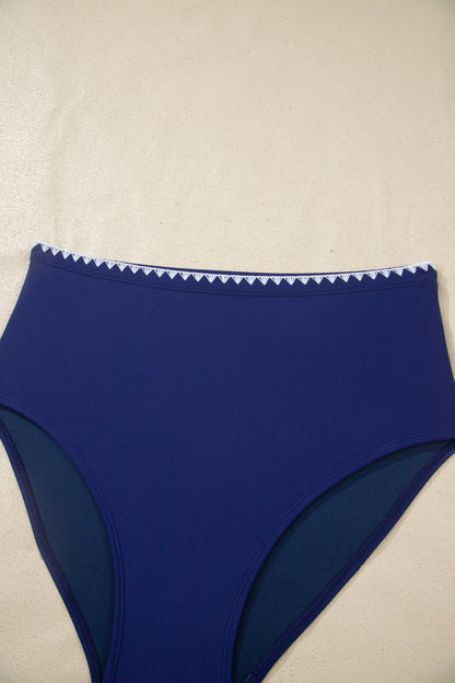 Shell Stitch Trim Textured V-Neck High Waist Bikini Set — Supportive Beach Style - Swimwear/Bikinis