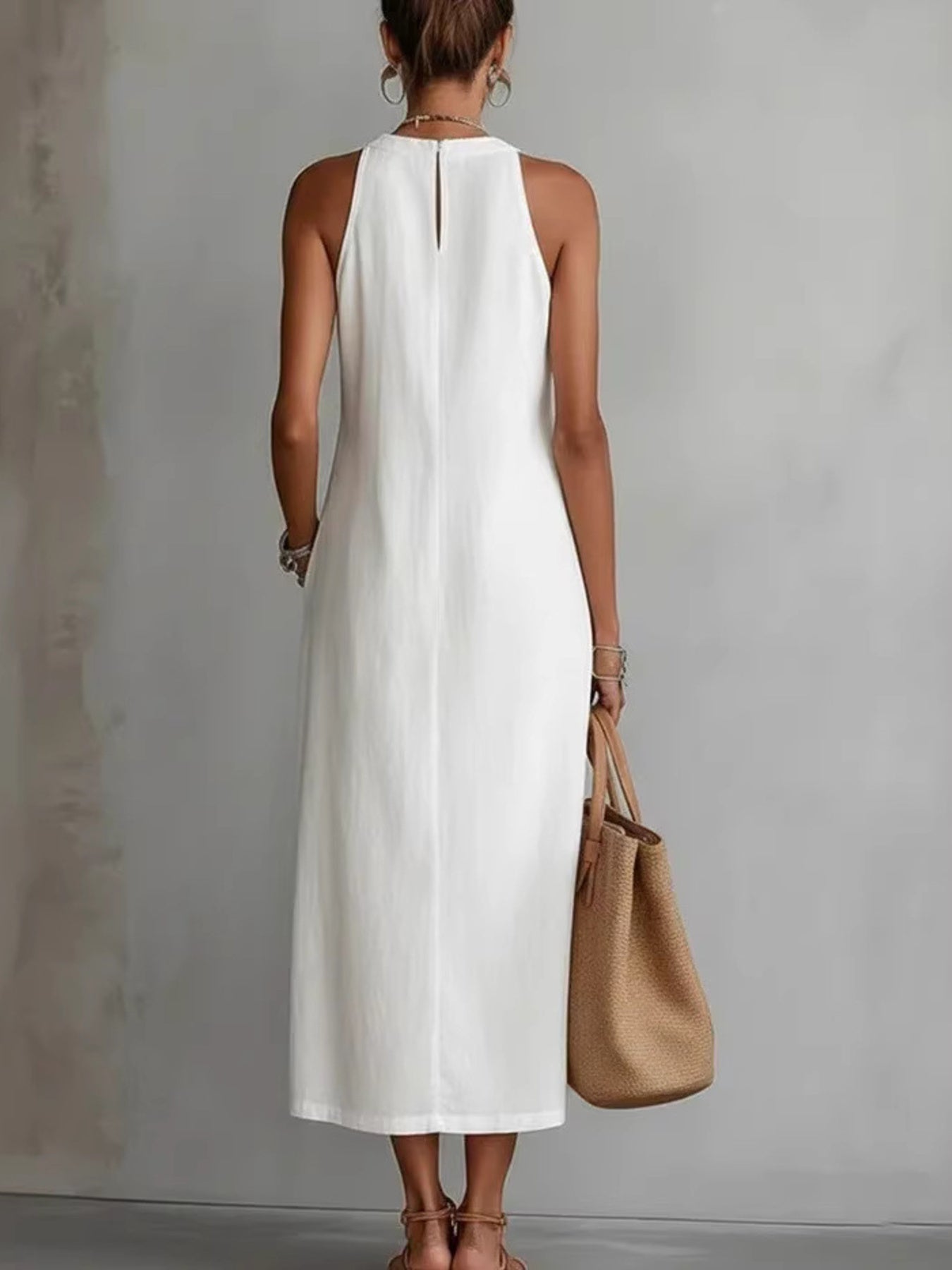 Women's Side Slit Sleeveless Hollow Out Trimmed Midi Dress - Midi Dresses