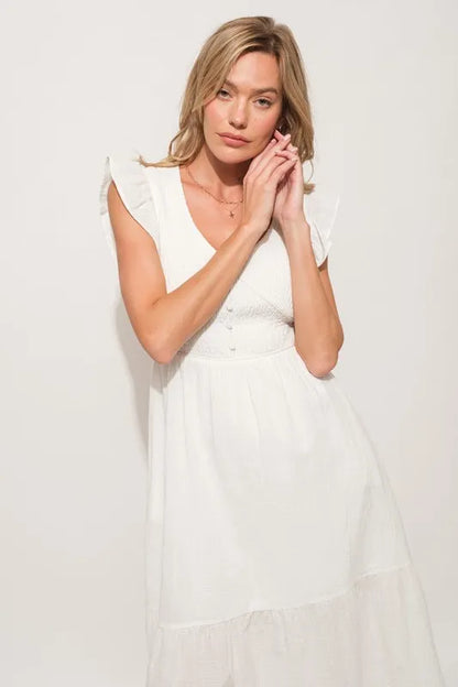 Ruffle Sleeve Front Smocked Tiered Midi Dress — Whimsical Romantic Feminine Flowing Style - Mini Dresses