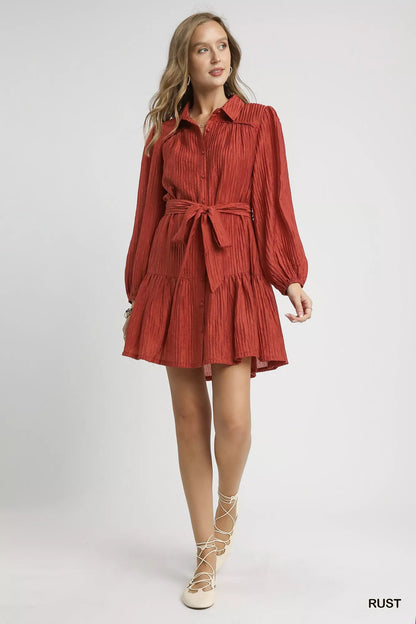 Button-Front Crinkle Textured Long Sleeve with Waist Tie Mini Dress | Trendy Mini Dresses Outfit Idea for Women by Ro + Ivy | Elevated Basics, Modern Comfort & Style