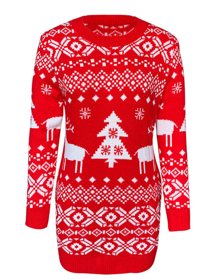 Christmas-Themed Round Neck Long-Sleeve Mini Sweater Dress