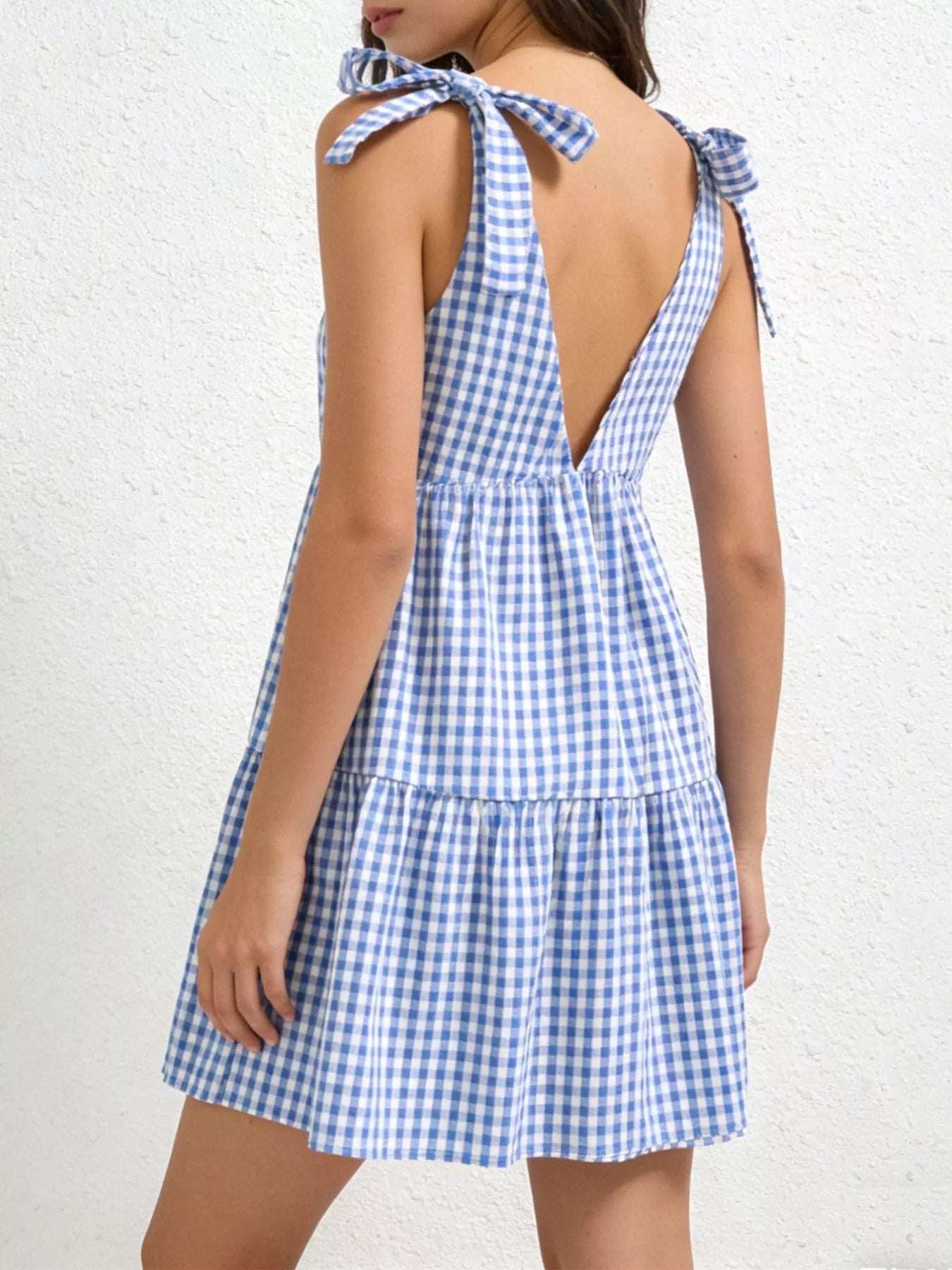 Women's Gingham Tie Shoulder Ruffle Hem Mini Dress - Mini Dresses